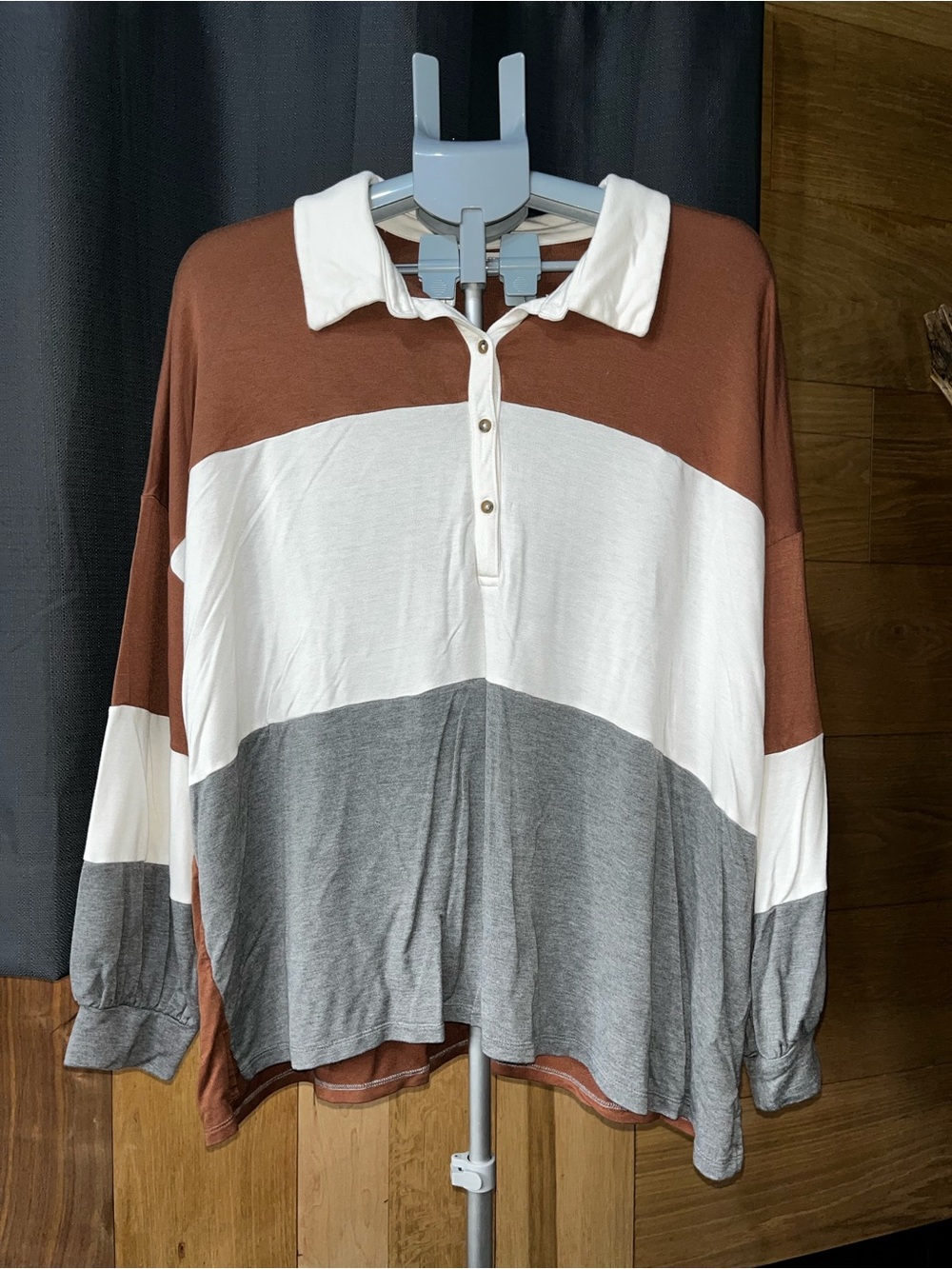 Maurices Rust White Gray Colorblock Collared Long Sleeve Polo